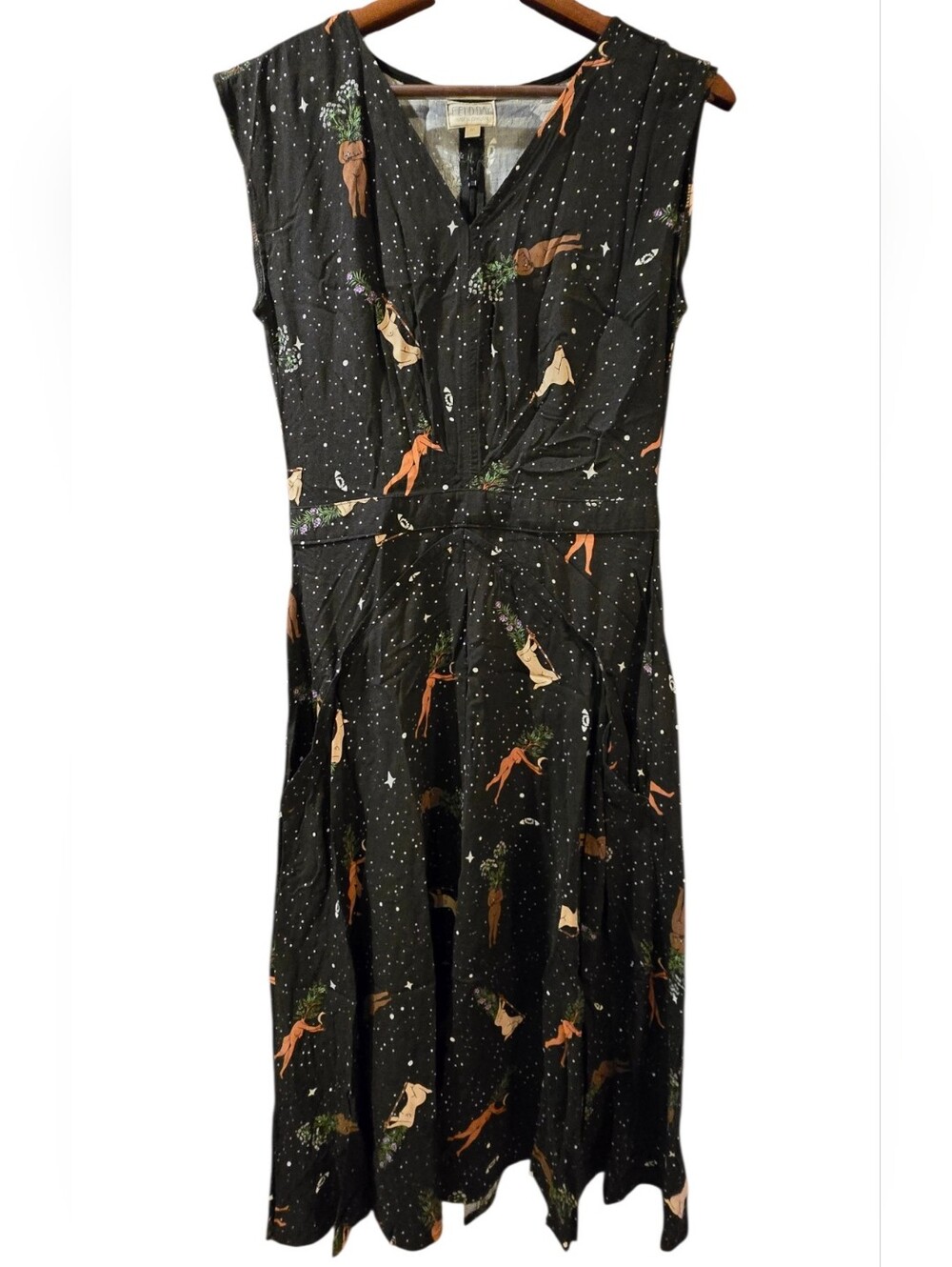 Field Day Oakland Celestial Goddess Print Midi Dress Black Size Medium - Picture 2 of 11